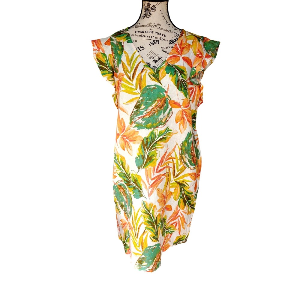 Nicole Miller Linen Shift Dress Womens Medium Multicolor Tropical Leaf V-Neck‎
